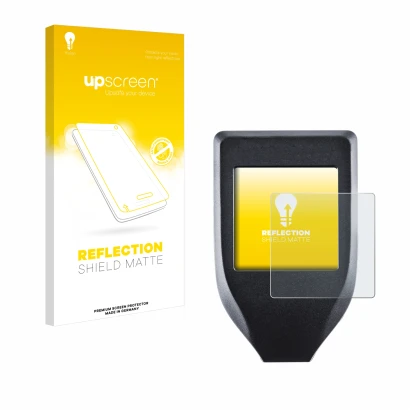 Parte frontale di una confezione del prodotto con il logo del marchio upscreen. Accanto è raffigurato il dispositivo Trezor Mo