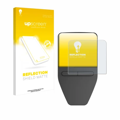 Parte frontale di una confezione del prodotto con il logo del marchio upscreen. Accanto è raffigurato il dispositivo Trezor Sa