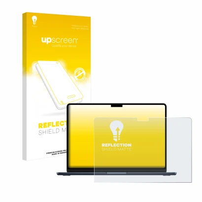 Parte frontale di una confezione del prodotto con il logo del marchio upscreen. Accanto è raffigurato il dispositivo Apple Mac