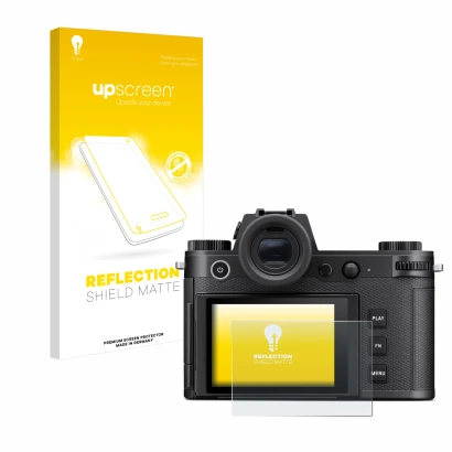Parte frontale di una confezione del prodotto con il logo del marchio upscreen. Accanto è raffigurato il dispositivo Leica SL3