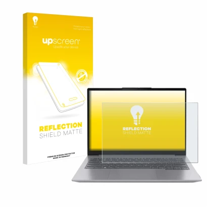 Parte frontale di una confezione del prodotto con il logo del marchio upscreen. Accanto è raffigurato il dispositivo Lenovo Th