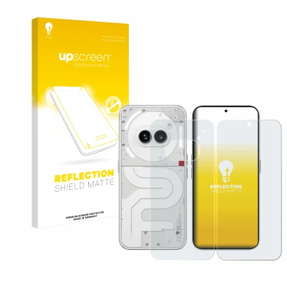 Parte frontale di una confezione del prodotto con il logo del marchio upscreen. Accanto è raffigurato il dispositivo Nothing P