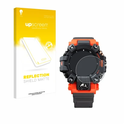 Parte frontale di una confezione del prodotto con il logo del marchio upscreen. Accanto è raffigurato il dispositivo Casio G-S