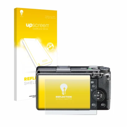 Parte frontale di una confezione del prodotto con il logo del marchio upscreen. Accanto è raffigurato il dispositivo Ricoh GR