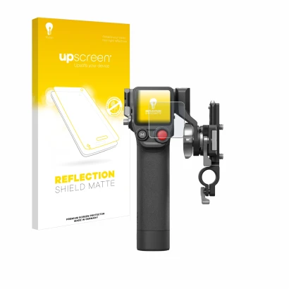 Parte frontale di una confezione del prodotto con il logo del marchio upscreen. Accanto è raffigurato il dispositivo DJI Focus