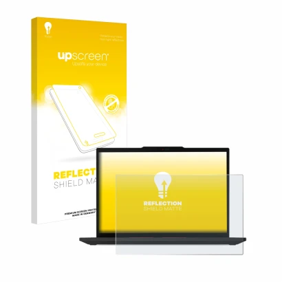 Parte frontale di una confezione del prodotto con il logo del marchio upscreen. Accanto è raffigurato il dispositivo Lenovo Th