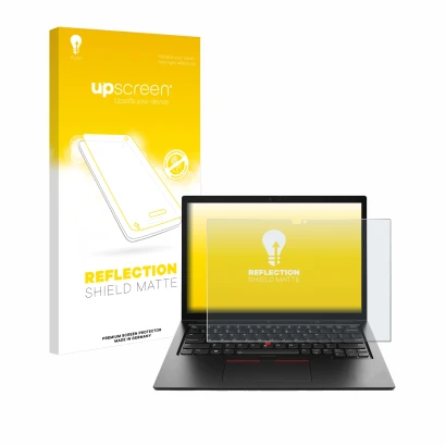 Parte frontale di una confezione del prodotto con il logo del marchio upscreen. Accanto è raffigurato il dispositivo Lenovo Th