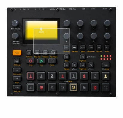 Immagine del dispositivo Elektron Digitakt II con un'ampia varietà di protezioni per lo schermo.