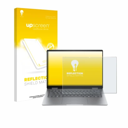 Parte frontale di una confezione del prodotto con il logo del marchio upscreen. Accanto è raffigurato il dispositivo HP Envy x