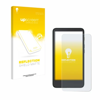 Parte frontale di una confezione del prodotto con il logo del marchio upscreen. Accanto è raffigurato il dispositivo Xiaomi Mo