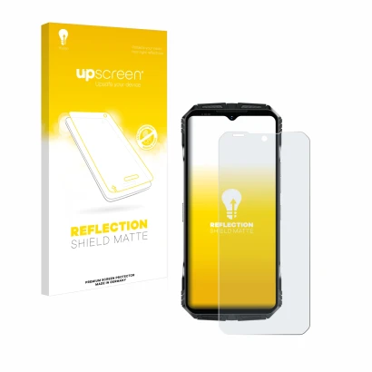 Parte frontale di una confezione del prodotto con il logo del marchio upscreen. Accanto è raffigurato il dispositivo Doogee S1