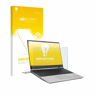 Parte frontale di una confezione del prodotto con il logo del marchio upscreen. Accanto è raffigurato il dispositivo Framework