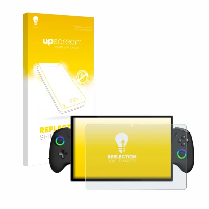 Parte frontale di una confezione del prodotto con il logo del marchio upscreen. Accanto è raffigurato il dispositivo OneXPlaye