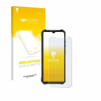 Parte frontale di una confezione del prodotto con il logo del marchio upscreen. Accanto è raffigurato il dispositivo Oukitel W