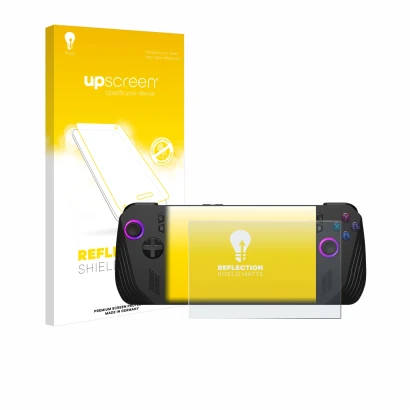 Parte frontale di una confezione del prodotto con il logo del marchio upscreen. Accanto è raffigurato il dispositivo ASUS ROG