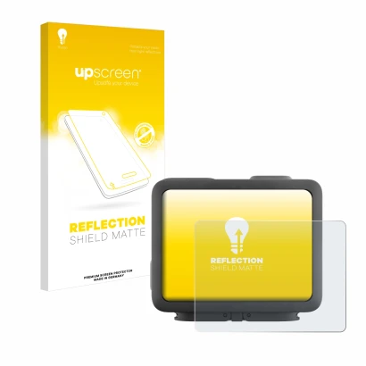 Parte frontale di una confezione del prodotto con il logo del marchio upscreen. Accanto è raffigurato il dispositivo GoPro Her