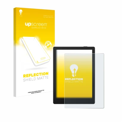 Parte frontale di una confezione del prodotto con il logo del marchio upscreen. Accanto è raffigurato il dispositivo Boox Go 6