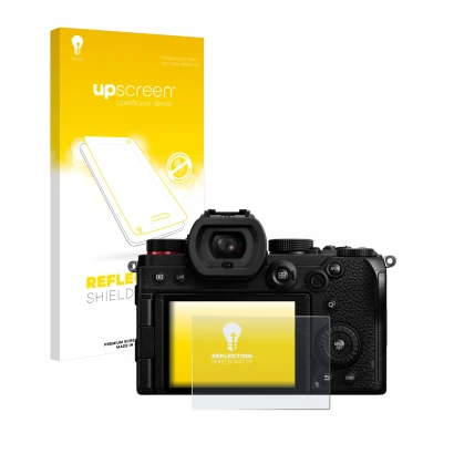 Parte frontale di una confezione del prodotto con il logo del marchio upscreen. Accanto è raffigurato il dispositivo Panasonic