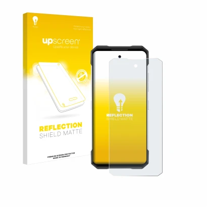 Parte frontale di una confezione del prodotto con il logo del marchio upscreen. Accanto è raffigurato il dispositivo Doogee S2