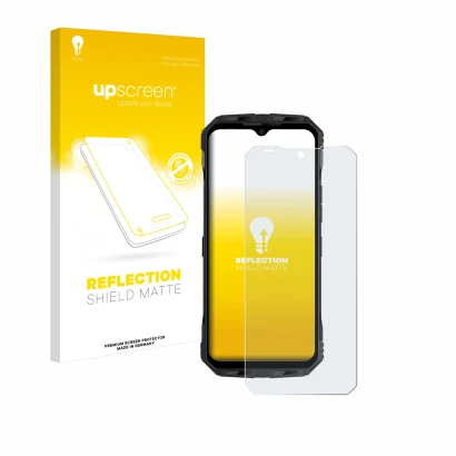 Parte frontale di una confezione del prodotto con il logo del marchio upscreen. Accanto è raffigurato il dispositivo Doogee V