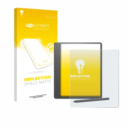 Parte frontale di una confezione del prodotto con il logo del marchio upscreen. Accanto è raffigurato il dispositivo Amazon Ki