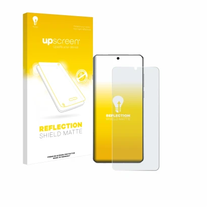 Parte frontale di una confezione del prodotto con il logo del marchio upscreen. Accanto è raffigurato il dispositivo OnePlus 1