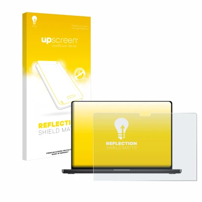 Parte frontale di una confezione del prodotto con il logo del marchio upscreen. Accanto è raffigurato il dispositivo Apple Mac