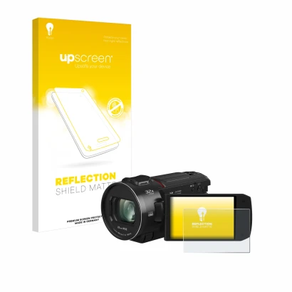 Parte frontale di una confezione del prodotto con il logo del marchio upscreen. Accanto è raffigurato il dispositivo Panasonic