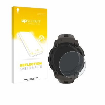 Parte frontale di una confezione del prodotto con il logo del marchio upscreen. Accanto è raffigurato il dispositivo Garmin In