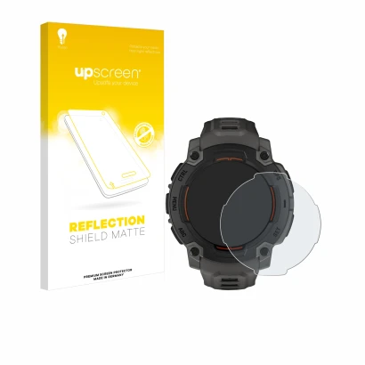 Parte frontale di una confezione del prodotto con il logo del marchio upscreen. Accanto è raffigurato il dispositivo Garmin In