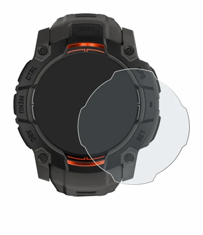 Immagine del dispositivo Garmin Instinct 3 Solar (50 mm) con un'ampia varietà di protezioni per lo schermo.