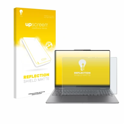 Parte frontale di una confezione del prodotto con il logo del marchio upscreen. Accanto è raffigurato il dispositivo Lenovo Yo