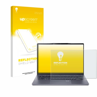 Parte frontale di una confezione del prodotto con il logo del marchio upscreen. Accanto è raffigurato il dispositivo Acer Swif