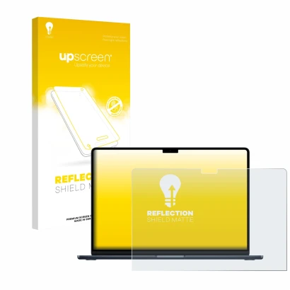 Parte frontale di una confezione del prodotto con il logo del marchio upscreen. Accanto è raffigurato il dispositivo Apple Mac