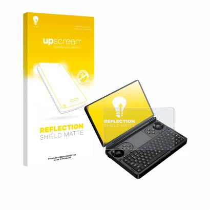 Parte frontale di una confezione del prodotto con il logo del marchio upscreen. Accanto è raffigurato il dispositivo GPD Win M