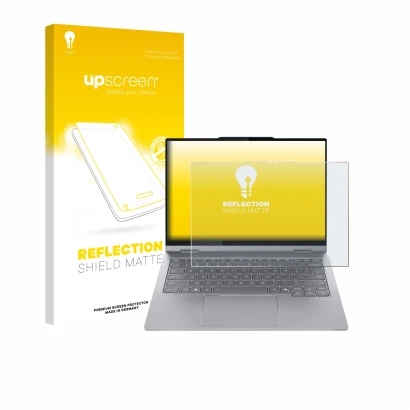 Parte frontale di una confezione del prodotto con il logo del marchio upscreen. Accanto è raffigurato il dispositivo Lenovo Th