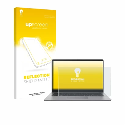 Parte frontale di una confezione del prodotto con il logo del marchio upscreen. Accanto è raffigurato il dispositivo ASUS Expe