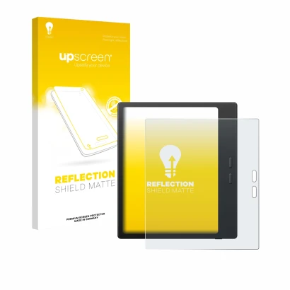 Parte frontale di una confezione del prodotto con il logo del marchio upscreen. Accanto è raffigurato il dispositivo Boox Go C