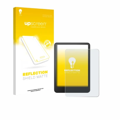 Parte frontale di una confezione del prodotto con il logo del marchio upscreen. Accanto è raffigurato il dispositivo Amazon Ki
