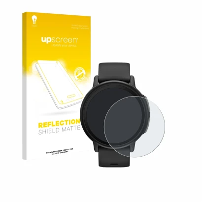 Parte frontale di una confezione del prodotto con il logo del marchio upscreen. Accanto è raffigurato il dispositivo Garmin Bo