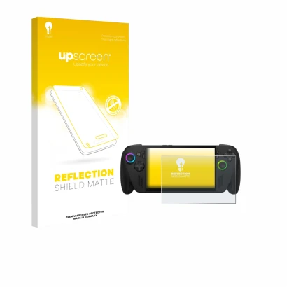 Parte frontale di una confezione del prodotto con il logo del marchio upscreen. Accanto è raffigurato il dispositivo ASUS ROG