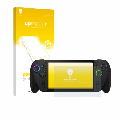 Parte frontale di una confezione del prodotto con il logo del marchio upscreen. Accanto è raffigurato il dispositivo ASUS ROG 