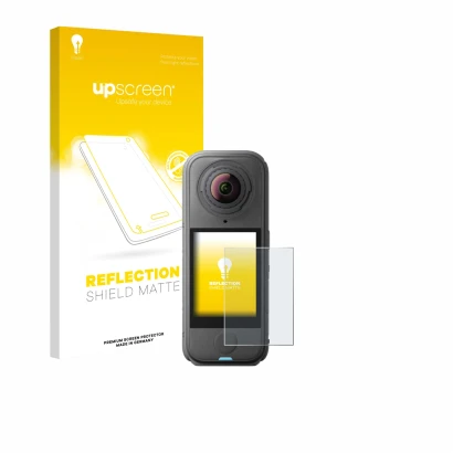 Parte frontale di una confezione del prodotto con il logo del marchio upscreen. Accanto è raffigurato il dispositivo Insta360