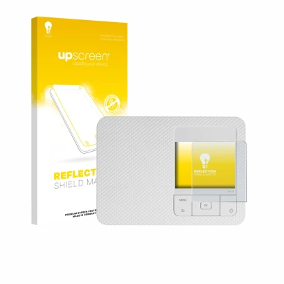 Parte frontale di una confezione del prodotto con il logo del marchio upscreen. Accanto è raffigurato il dispositivo Canon Sel