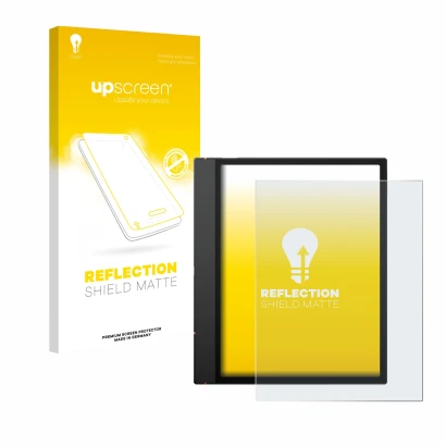 Parte frontale di una confezione del prodotto con il logo del marchio upscreen. Accanto è raffigurato il dispositivo Boox Note
