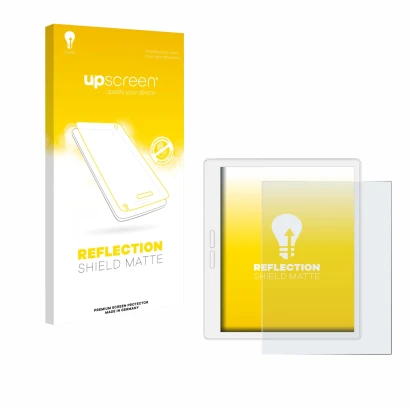 Parte frontale di una confezione del prodotto con il logo del marchio upscreen. Accanto è raffigurato il dispositivo Bigme B75