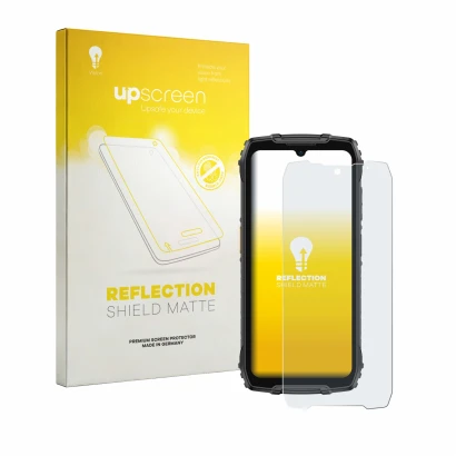 Parte frontale di una confezione del prodotto con il logo del marchio upscreen. Accanto è raffigurato il dispositivo Ulefone R