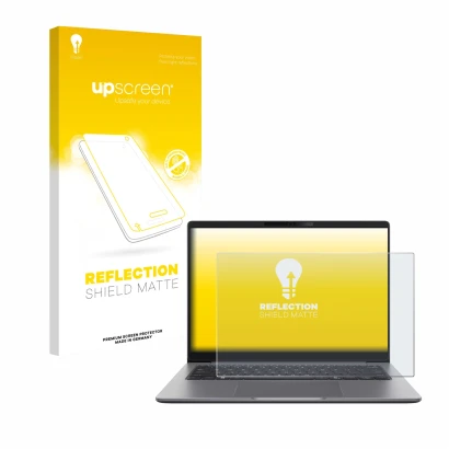 Parte frontale di una confezione del prodotto con il logo del marchio upscreen. Accanto è raffigurato il dispositivo ASUS Expe