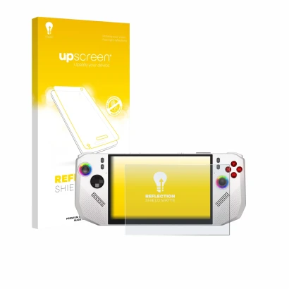 Parte frontale di una confezione del prodotto con il logo del marchio upscreen. Accanto è raffigurato il dispositivo MSI Claw