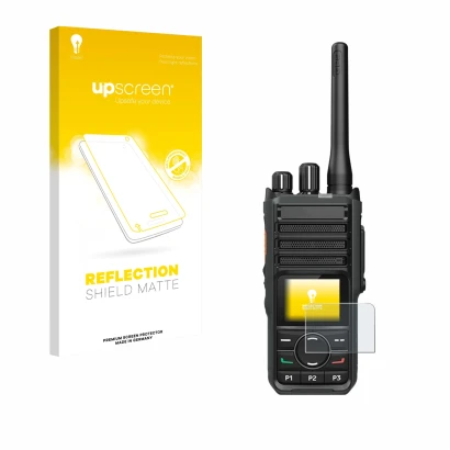 Parte frontale di una confezione del prodotto con il logo del marchio upscreen. Accanto è raffigurato il dispositivo Hytera HP